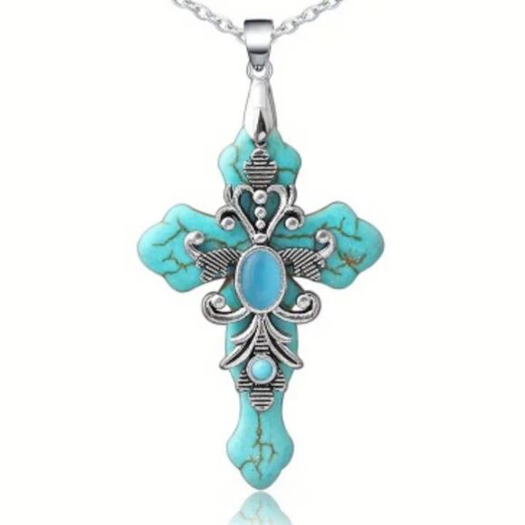 Turquoise Cross Necklace Western Native American Faith Fashion Birthday Gift NEW - Picture 1 of 4